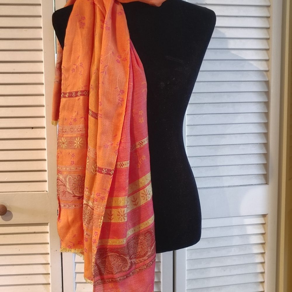 Marc Rozier Paris Silk Blend Scarf – Orange with Gold Floral Accents - Size - OS - Picture 2 of 8